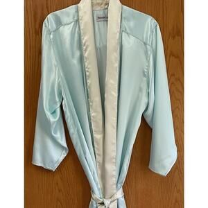 Fernando Sanchez Full Length Lounger Satin Robe Blue Cream USA Made Vintage M